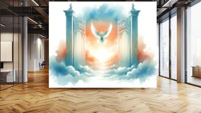 Ascending Dove. Ascension. The Gate of Heaven in the clouds with the Holy Spirit. Digital illustration. Wall mural