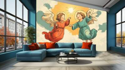 Baby angels. Angels on the background of the sun. Vector illustration. Wall mural