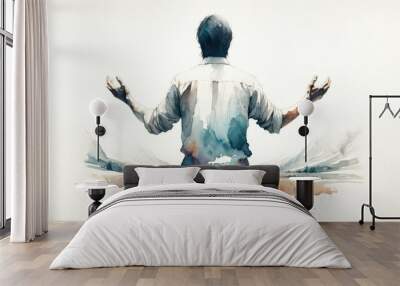 Back view of a man in worship on watercolor background.  Wall mural