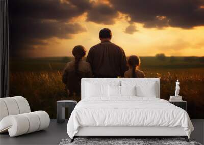 Back view of father and two daughters praying in the field at sunset. Wall mural