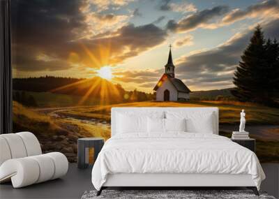 beautiful sunset in the mountains with a small church and a stream Wall mural