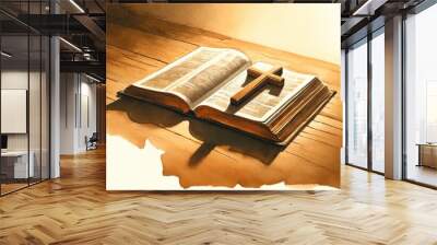 Bible on wooden table with crucifix. Christian symbols. Wall mural