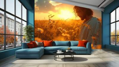 Biblical character. Jesus Christ. Man in a field of wildflowers at sunset. Selective focus. Wall mural