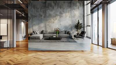 Brutalist interior design. Interior of modern living room with gray sofa. Wall mural