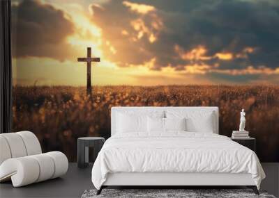 Christian Cross on a field at sunset Wall mural