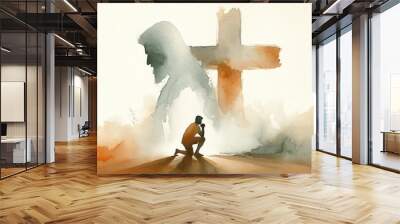 Christian man praying in front of a Christian cross, Jesus silhouette in background.  Digital watercolor painting. Wall mural