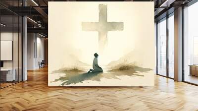 Christian man praying in front of a cross in a watercolor style.  Digital watercolor painting. Wall mural