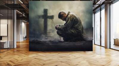 Christian man praying in front of the cross Wall mural