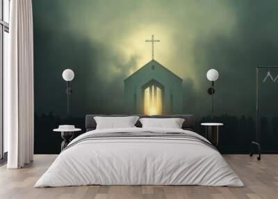 Church with a cross in the middle of a misty landscape. Wall mural