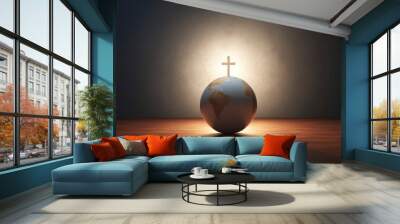 Conceptual image with christian cross and earth globe on wooden floor Wall mural