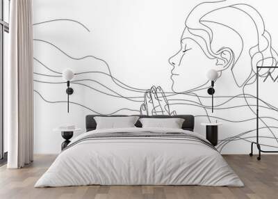 Continuous one single abstract line drawing of young woman praying with her hands together. Wall mural