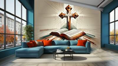 Cross and Holy Bible on abstract background. Vector illustration.  Wall mural