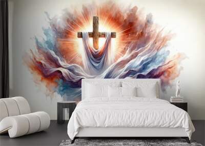 Cross of Jesus Christ with shroud on abstract colorful paint background. Digital illustration. Wall mural