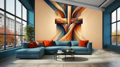 Cross on the abstract background with lines and waves. 3D illustration. Clip-art Wall mural