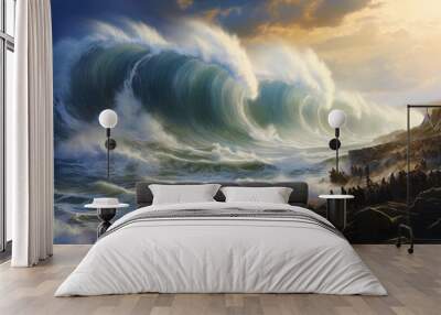 deluge, great flood. a huge wave hits the shore. illustration. biblical scene Wall mural