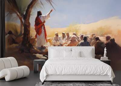 Digital painting of Jesus preaching to a crowd of followers Wall mural