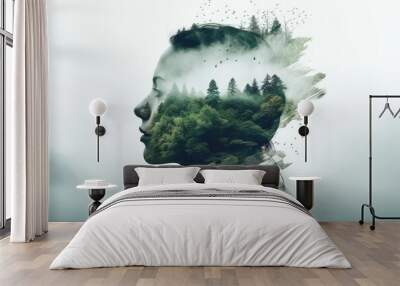 Double exposure of a woman's head with forest landscape in the background. Wall mural