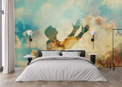 Double exposure of man in worship against sky background with clouds and light. Wall mural