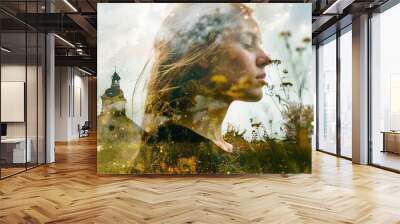 Double exposure portrait of a beautiful young woman in the meadow, with church on the background. Wall mural