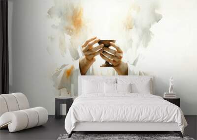 Eucharist. Corpus Christi. Hands holding the sacred chalice on watercolor background. Digital illustration.
 Wall mural