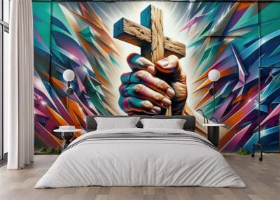 Graffiti on the wall with a hand holding a wooden cross.  Wall mural