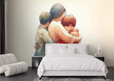 Happy family, mother and children hugging, watercolor digital painting. Wall mural