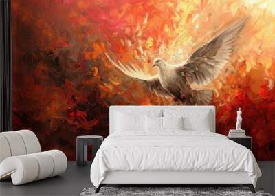 Holy spirit, Dove in flames. Digital painting of a dove flying in the air on a red fire background. Wall mural