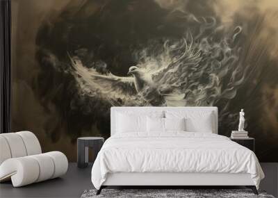 Holy spirit, Dove in flames. White dove flying in the sky with smoke and fire effect. Black and white. Wall mural