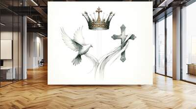 Holy Trinity symbols. Cross, crown and dove of Holy Spirit. Christian symbols against white background. Vector illustration. Wall mural