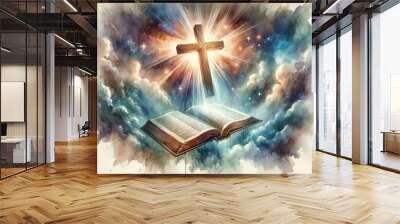 Illustration of a cross and an open Bible in the sky. Wall mural