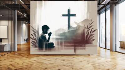 Illustration of a little boy praying in front of a cross Wall mural