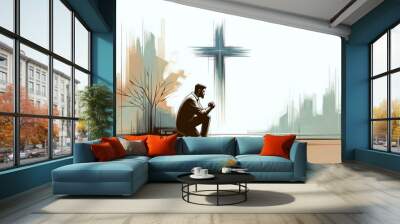 Illustration of a man praying in front of a cross Wall mural