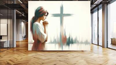 Illustration of a woman praying in front of a cross Wall mural