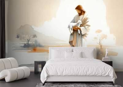 Illustration of Jesus Christ holding a lamb. Digital watercolor landscape. Wall mural