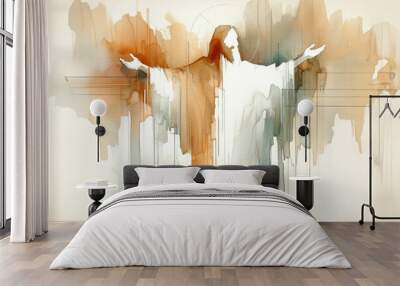 Jesus Christ in worship. Abstract watercolor background. Digital watercolor painting. Wall mural