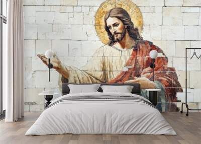 Jesus Christ painting. Graffiti on a wall. Fresco style. Wall mural