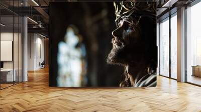 Jesus Christ with crown of thorns on his head in the cathedral. Photorealistic portrait. Close-up. Wall mural