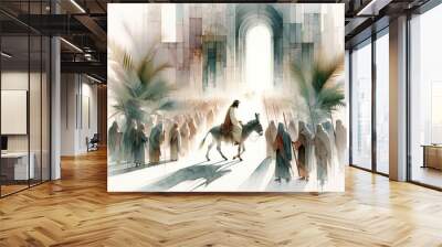 Jesus entering in Jerusalem. Palm Sunday. New Testament. Watercolor Biblical Illustration	 Wall mural