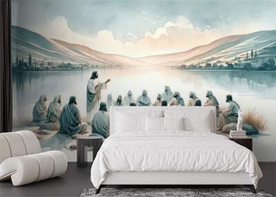 Jesus preaching in Galilee and gathering his disciples. Life of Jesus. Digital illustration. Watercolor style. Wall mural