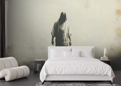 Jesus walking in a misty, faded scene, with subtle textures in the background. Wall mural