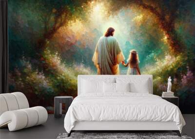 Jesus walking with a cute little girl in the forest. Rear view. Digital painting. Wall mural