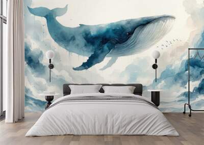 Jonah and the Whale. Watercolor illustration of a blue whale swimming in the sea with a man in the background. Digital illustration. Wall mural