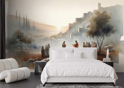 Judean Ministry of Jesus. Biblical. Christian religious watercolor Illustration Wall mural