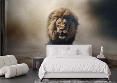 Lion running in the desert in clouds of dust Wall mural