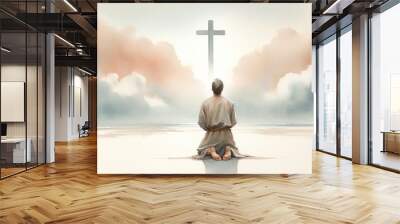 Man kneeling and praying in front of the cross. Digital watercolor painting. Wall mural