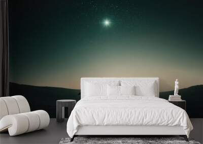 Nativity. Silhouette of a man and a woman in a stable under the starry sky. Wall mural