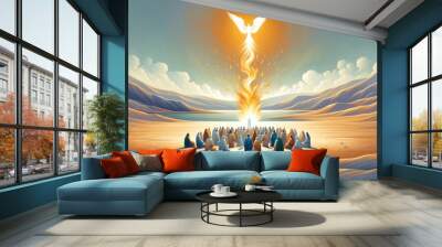 Pentecost. The descent of the Holy Spirit on the followers. People in front of a bright fire with white dove in the sky. Digital painting.
 Wall mural