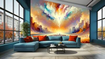 Pentecost. The descent of the Holy Spirit on the followers. People in front of a bright fire with white dove up in the sky. Digital painting.
 Wall mural