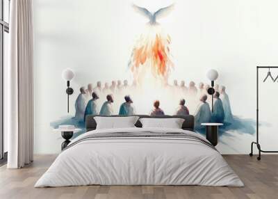 Pentecost. The descent of the Holy Spirit on the followers. People in front of a burning fire with white dove above them. Digital painting.
 Wall mural