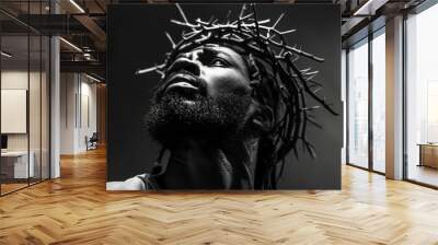 Portrait of black Jesus Christ with crown of thorns on his head. Black and white photorealistic portrait. Close-up. Wall mural